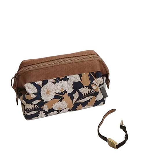 Floral Print Brown, Peach and Navy Blue Zipper Cosmetic Bag - Picture 3 of 5